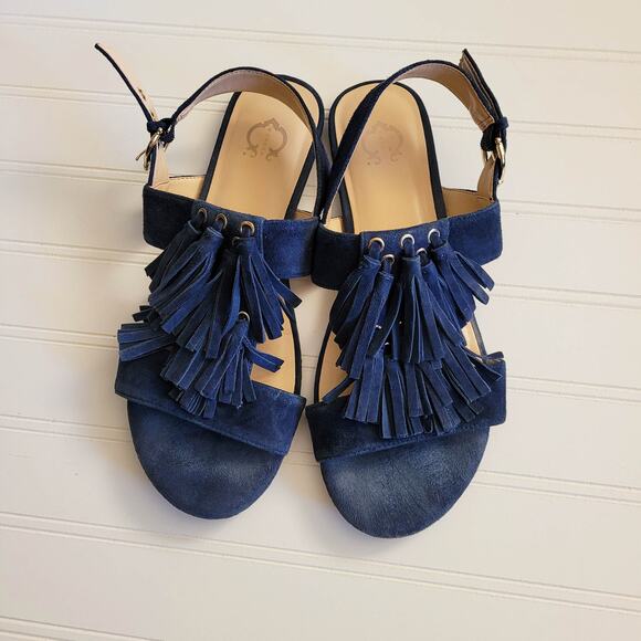 C Wonder Sandals 8 Blue Suede Fringe Slingback Flats - Picture 3 of 7